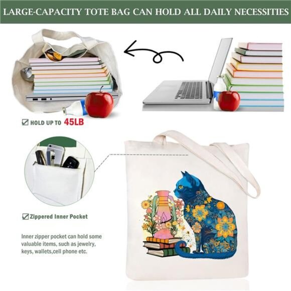 Canvas Tote Bag for Women Aesthetic Cute Cat Shopping Grocery Reusable Bag - Picture 6 of 6